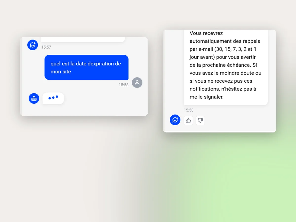Il connaît le compte du client, par exemple la date d’expiration du site, et chaque réponse peut être notée d’un pouce : Wekio voit ce qui mérite d’être amélioré.